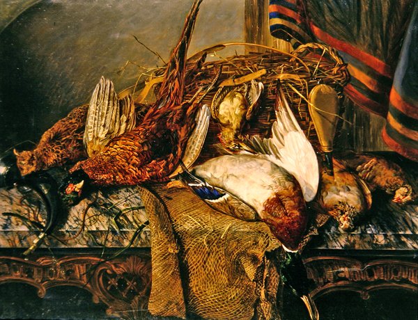 Still life with pheasants on a marble table by Emily Stannard