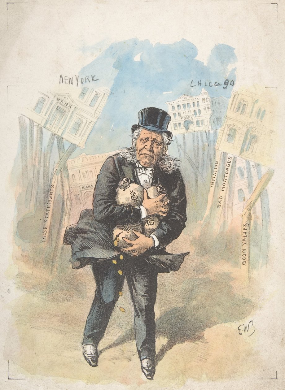 Man Clutching Moneybags While Banks Collapse, late 19th-early 20th century by Emmanuel Wyttenbach
