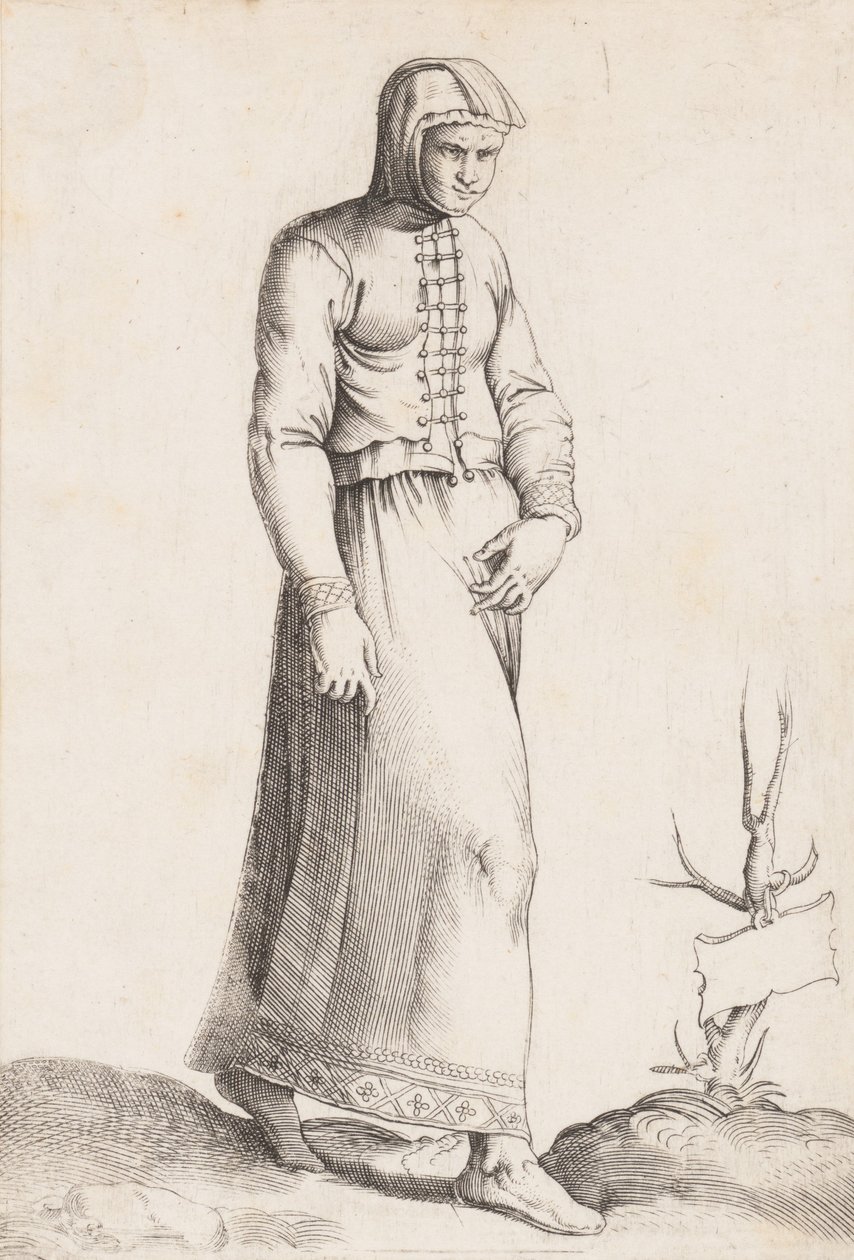 Costume Plate: Woman with Hooded Garment by Enea Vico