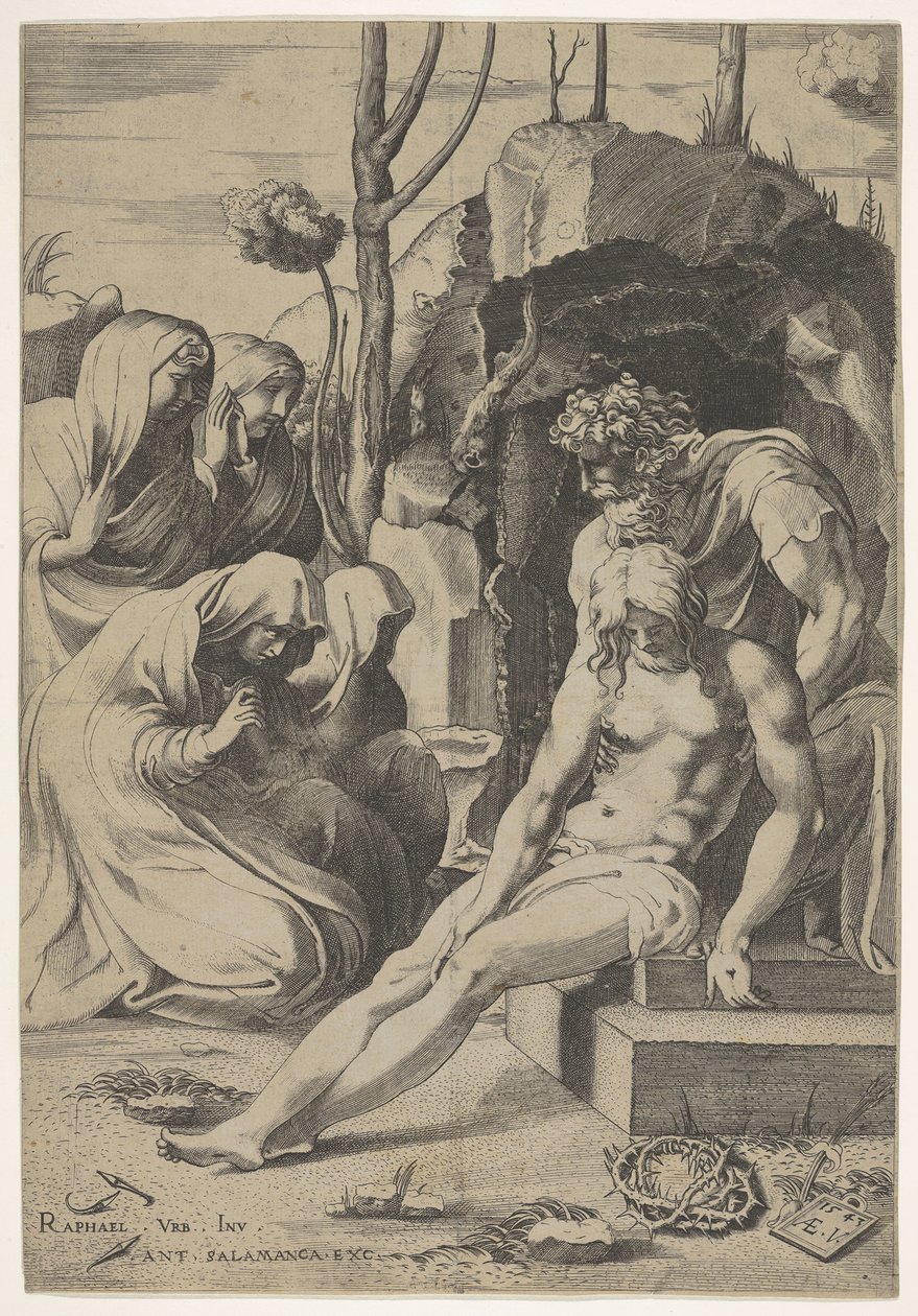 Entombment of Christ, whose chest is grasped by Joseph of Arimathea, with two kneeling figures by Enea Vico