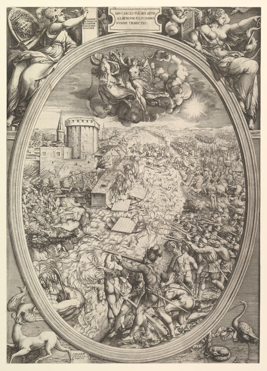 The Battle of Mühlberg with the army of Charles V crossing the Elbe River by Enea Vico