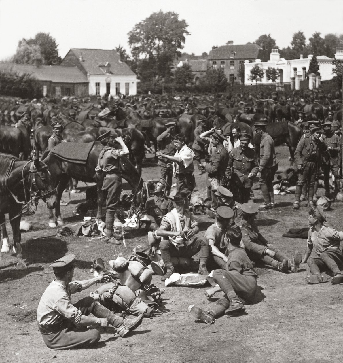 Cavalry, always ready in anticipation of a breakthrough, rest their horses in a French village by English Photographer