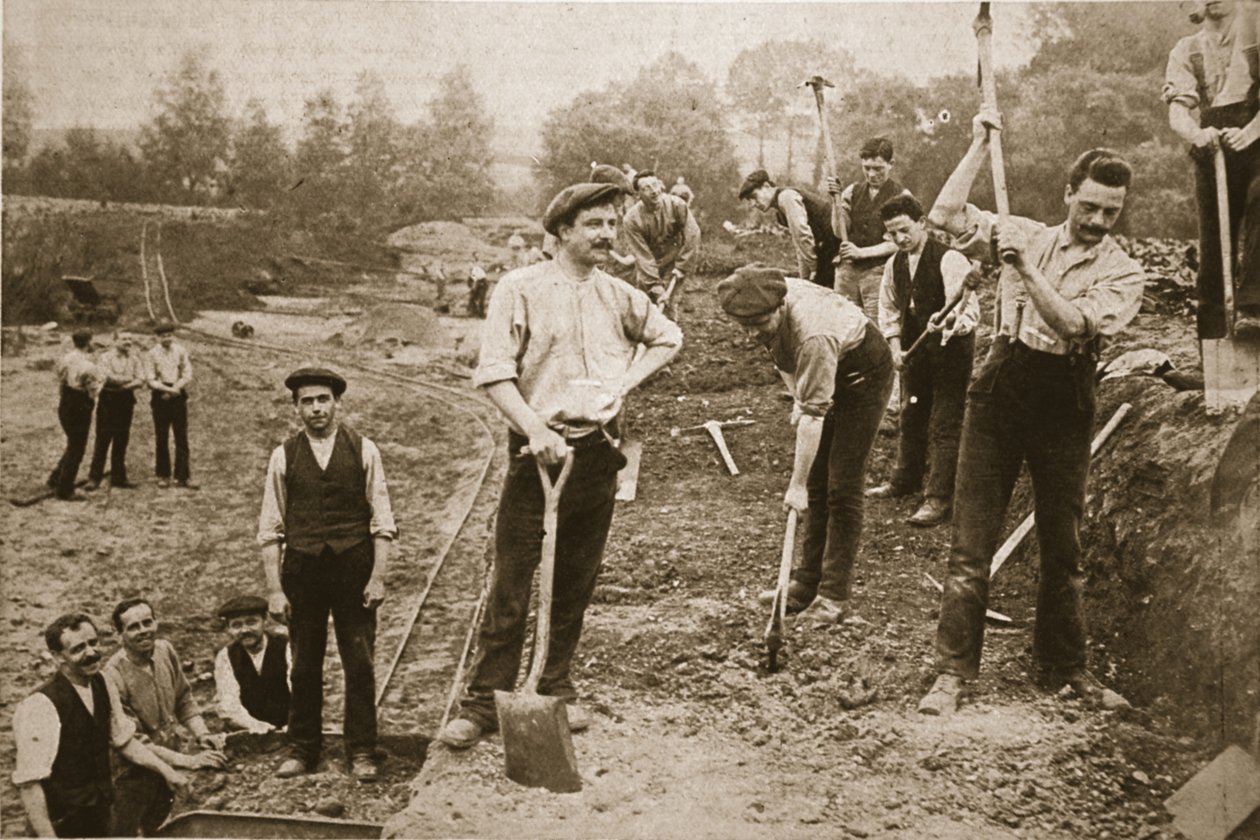 Conscientious Objectors usefully employed: Men of the N.C.C. on a military road, illustration from 