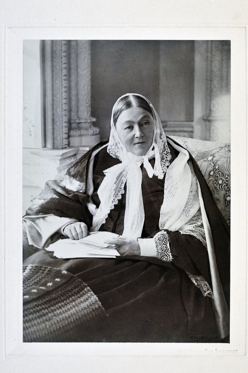 Florence Nightingale, seated on a couch in the Blue Room at Claydon House, 1891 by English Photographer
