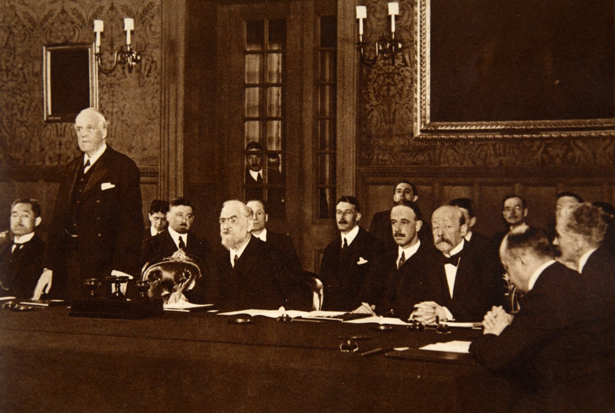 League of Nations - first meeting in London, 1920, Mr. A.J. Balfour speaking as Lord President of the Council by English Photographer