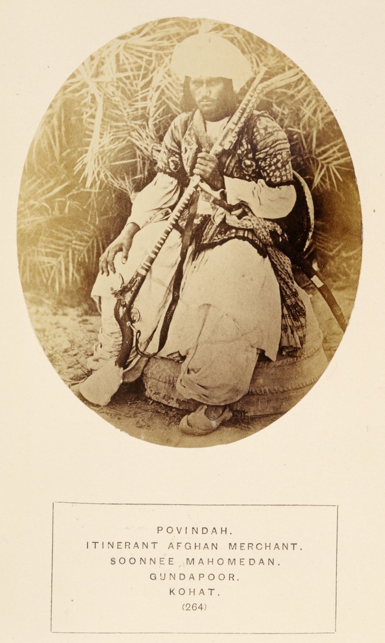 Povindah, Itinerant Afghan Merchant, Soonnee Mahomedan in Gundapoor, Kohat, from The People of India, by J. Forbes Watson, published 1868 by English Photographer