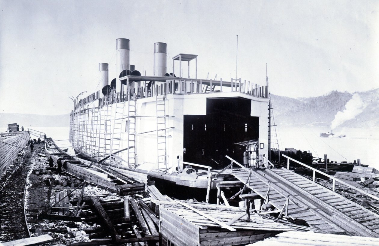 Bow View of the Ice-Breaking Train Ferry Steamer SS Baikal Fitting Out on Lake Baikal by English Photographer
