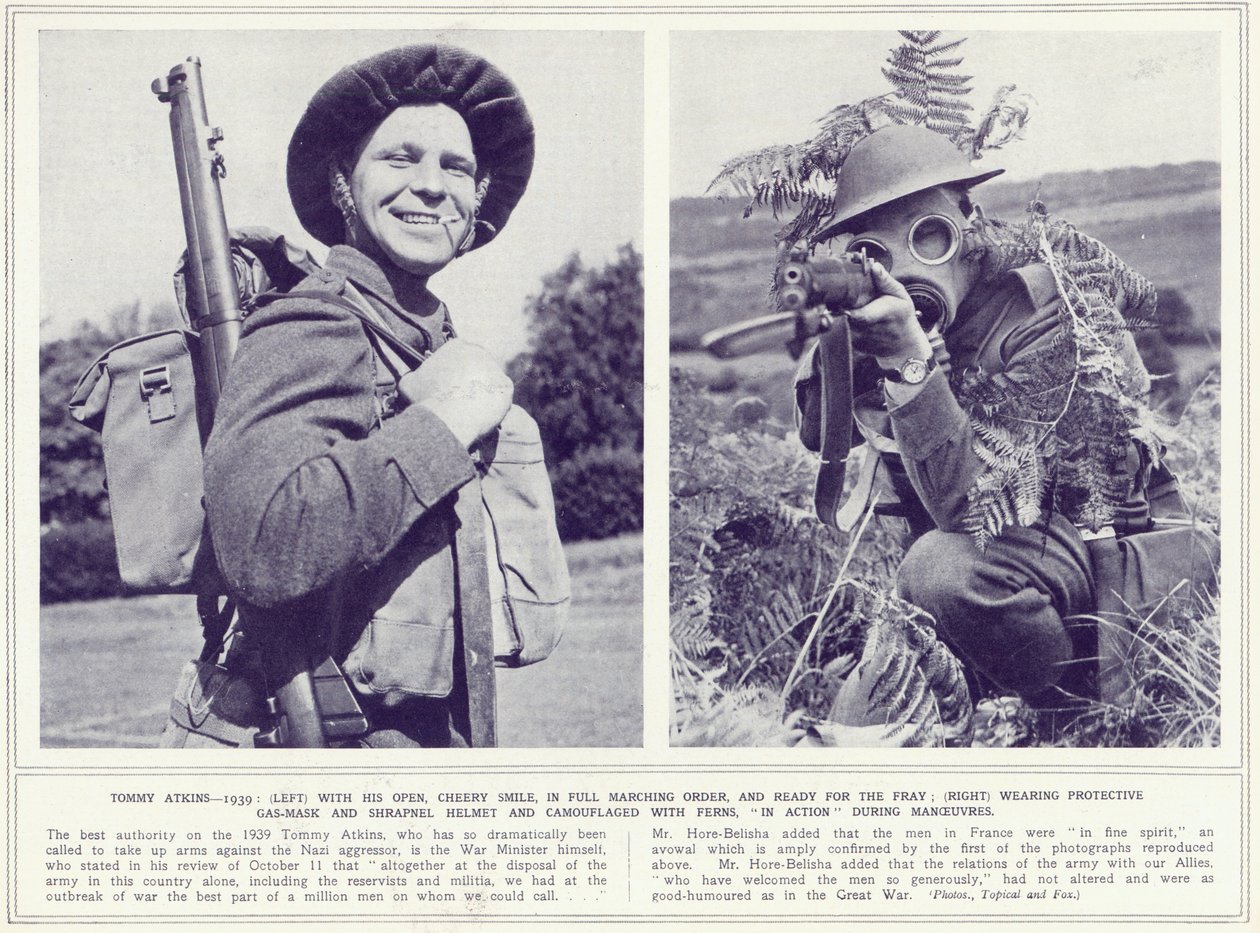 Tommy Atkins, with cheery smile and in full marching order and with protective gas mask and camouflage, ready for the fray, from The Illustrated War News, published 8th November 1939 by English Photographer