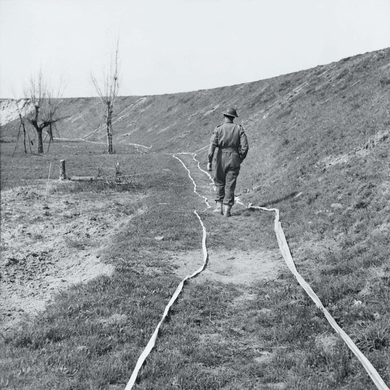 White tape marking clear tracks through a minefield by the River Senio, Italy, March 1945 by English Photographer