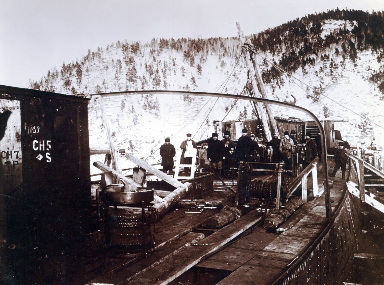 Yard No. 647, Baikal. Workmen on the Deck of the Ice-Breaking Train Ferry Steamer Baikal During Reconstruction at Lake Baikal by English Photographer