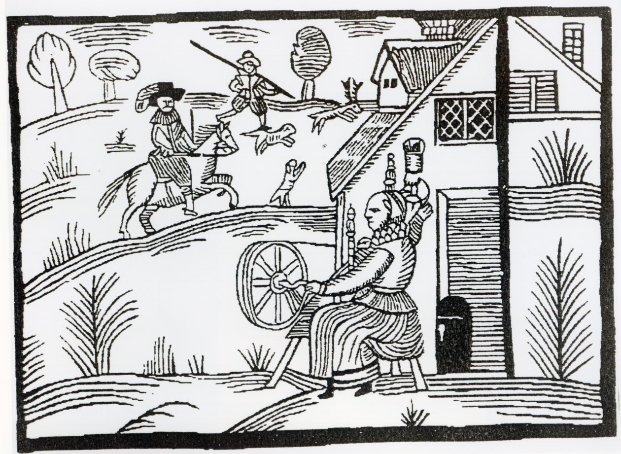 A Country Scene with a Woman Spinning and Two Men Hunting a Stag by English School