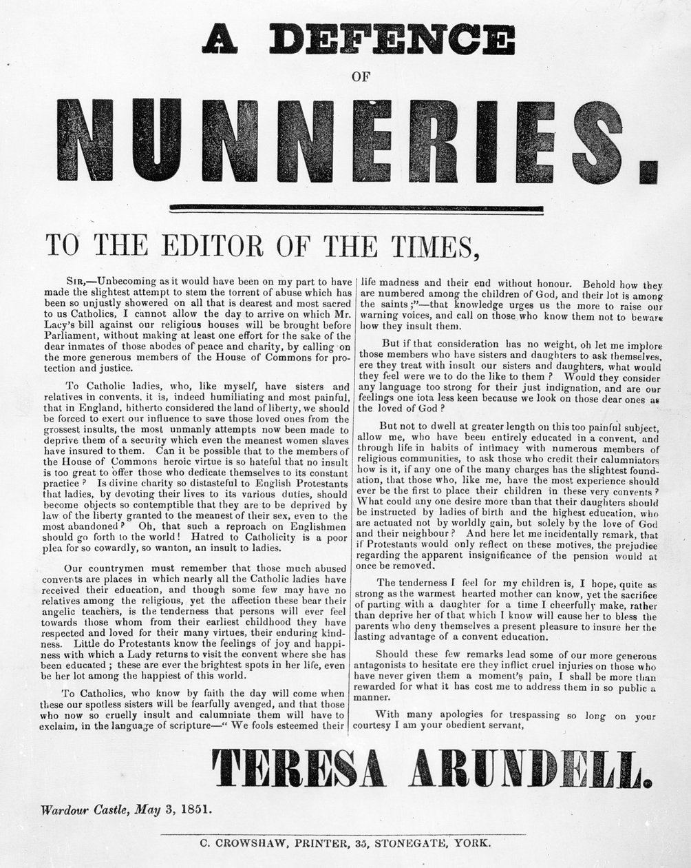 A Defence of Nunneries by Theresa Arundell by English School