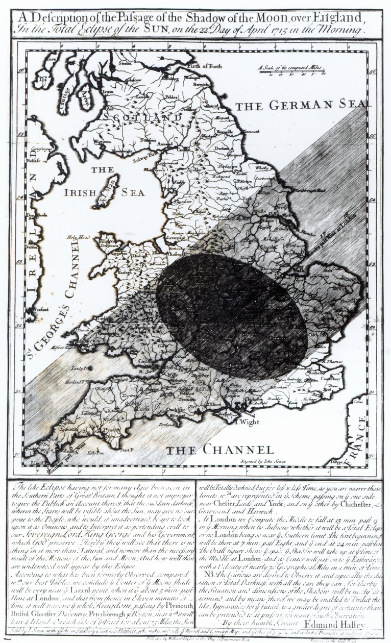 A Map Showing the Passage of the Shadow of the Moon Over England on 22 April 1715, Engraved by John Senex, 1715 by English School