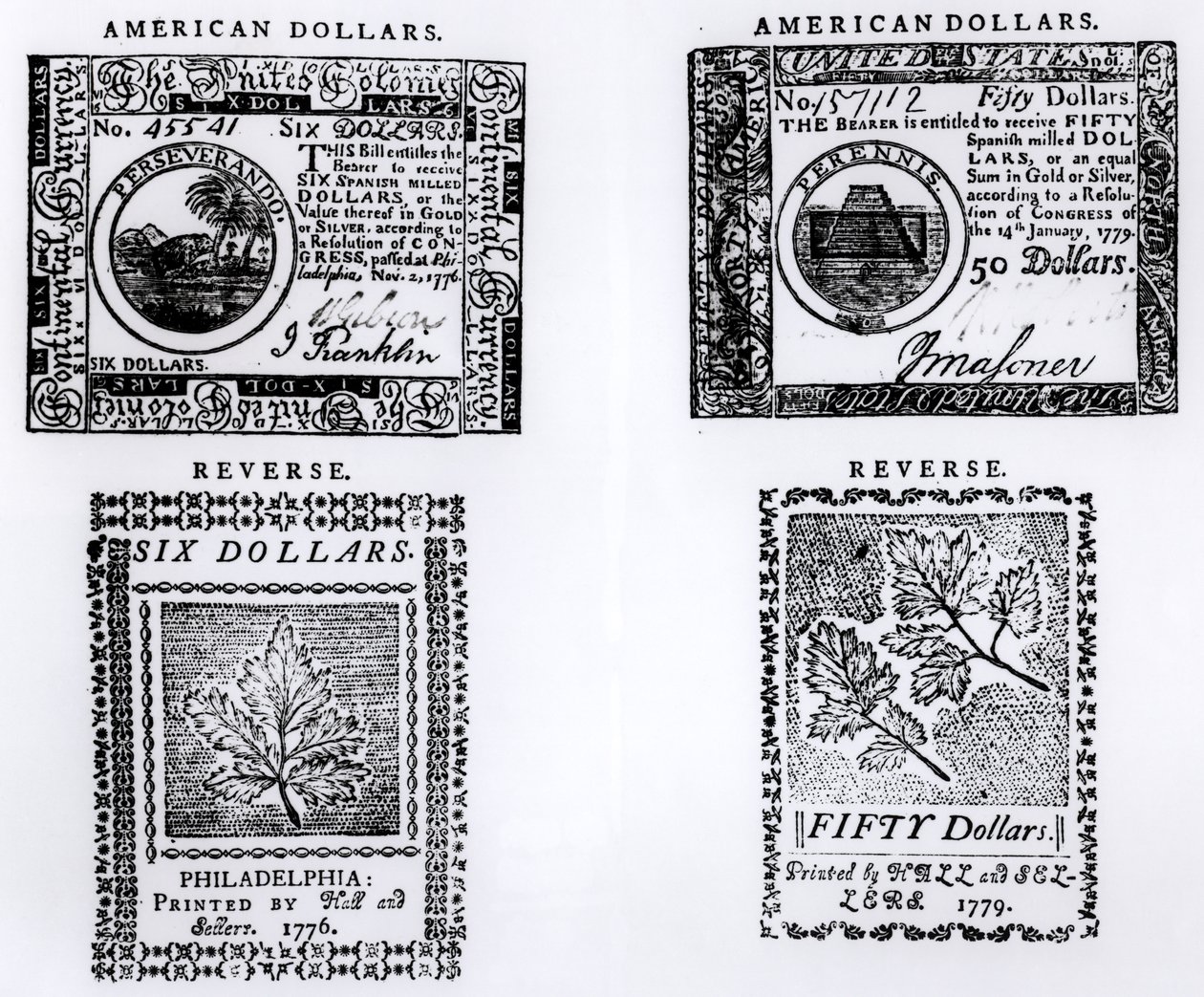 A Colonial Six Dollar Bill of 1776 and an American Fifty Dollar Bill of 1779 by English School