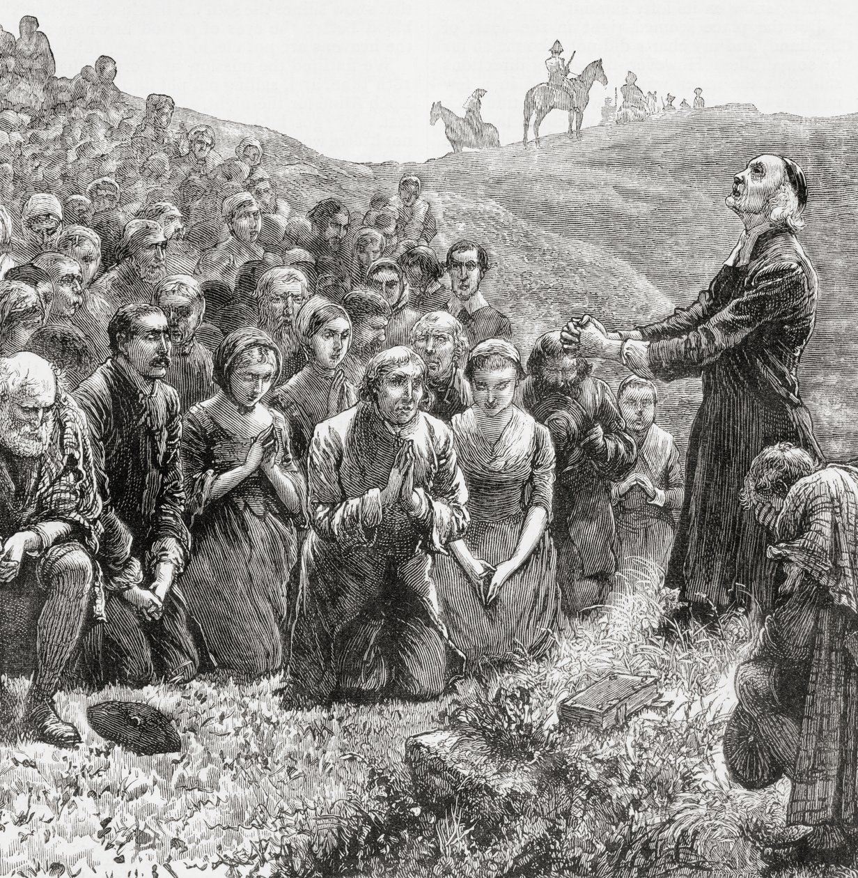 A prayer meeting of Covenanters in the 17th century, illustration from 
