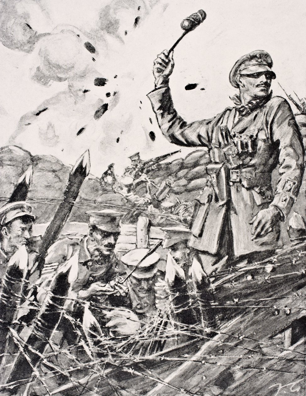 British Officer Hurling Grenades from Trench at Attacking Germans, from 