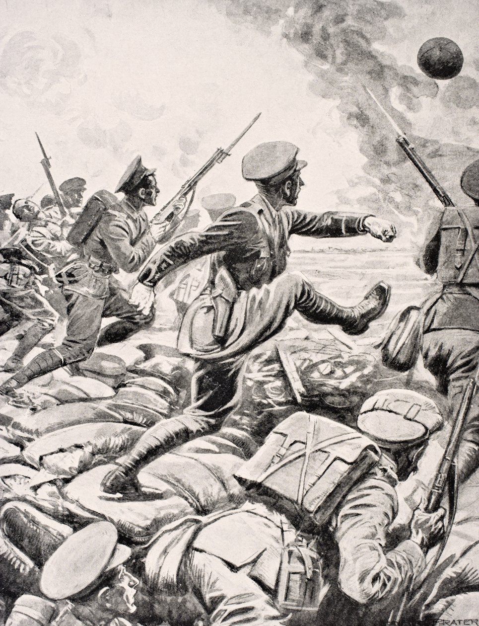 British officer kicks football towards German lines to inspire his platoon to charge with him, from 