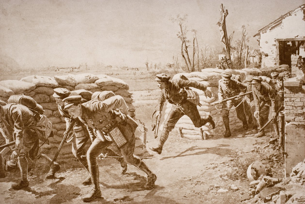 British troops taking a chance and making a dash across space controlled by enemy fire by English School