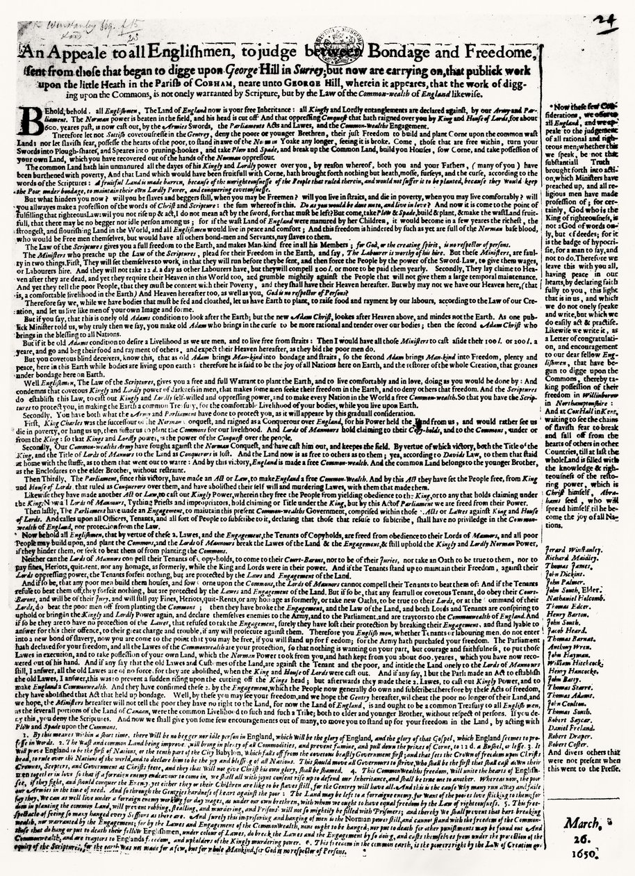 Broadsheet appeal to Diggers, published 1650 by English School