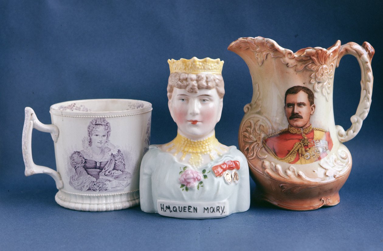 Commemorative Ware including a vase made in memory of Queen Mary (1867-1953) (centre) mid-20th century by English School