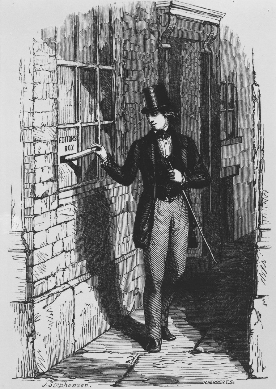 Dickens placing his first literary contribution in the editor