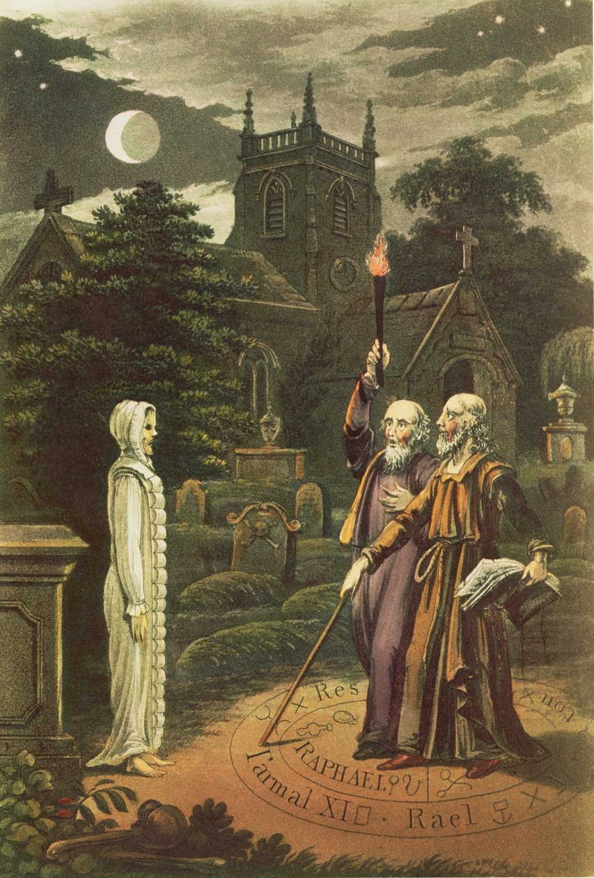 Edward Kelly a magician, and his partner the mathematician and astrologer, John Dee raising a ghost by English School