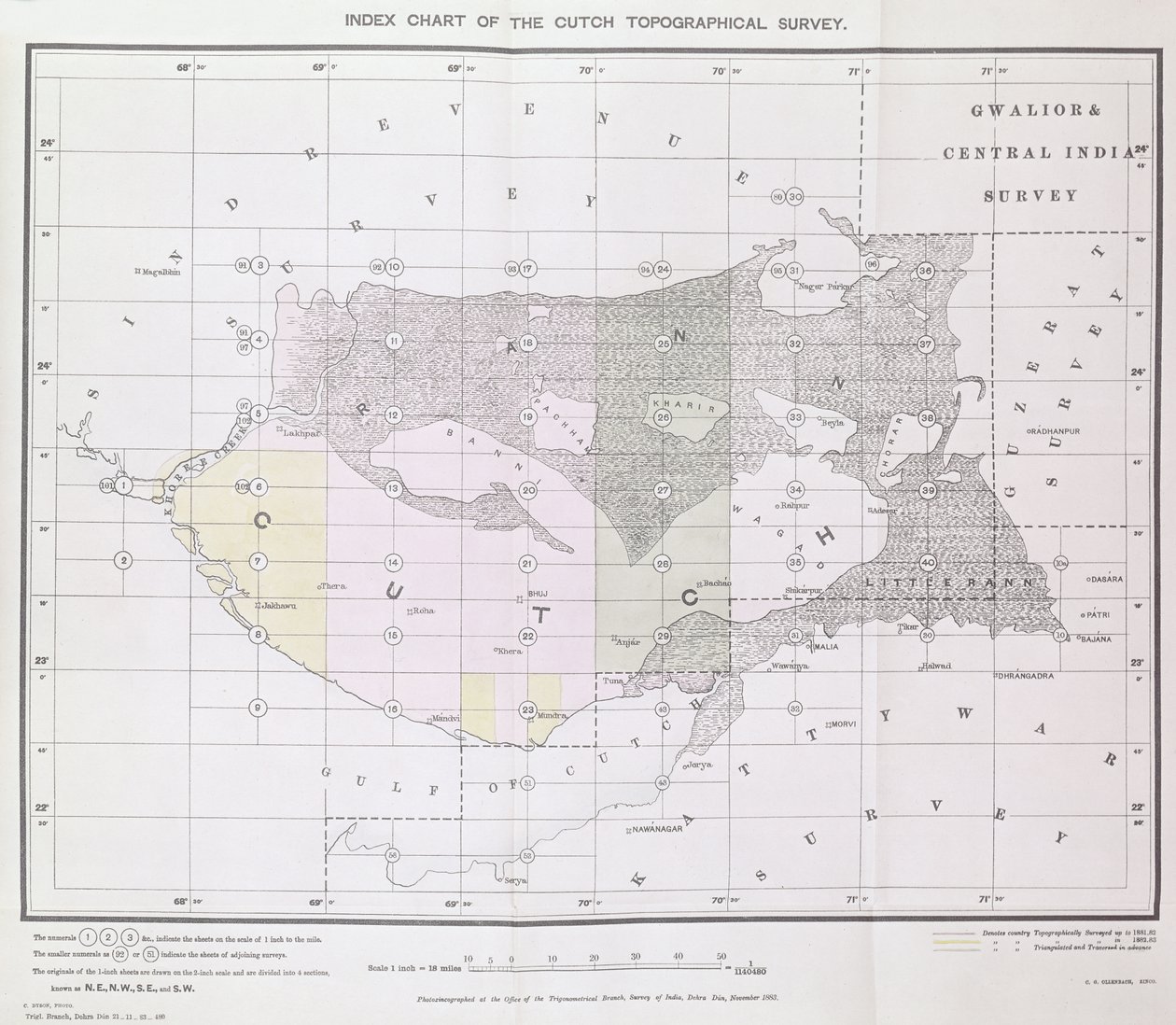 Index Chart of the Cutch Topographical Survey by the Trigonometrical Branch, Survey of India, Dehra Dun by English School