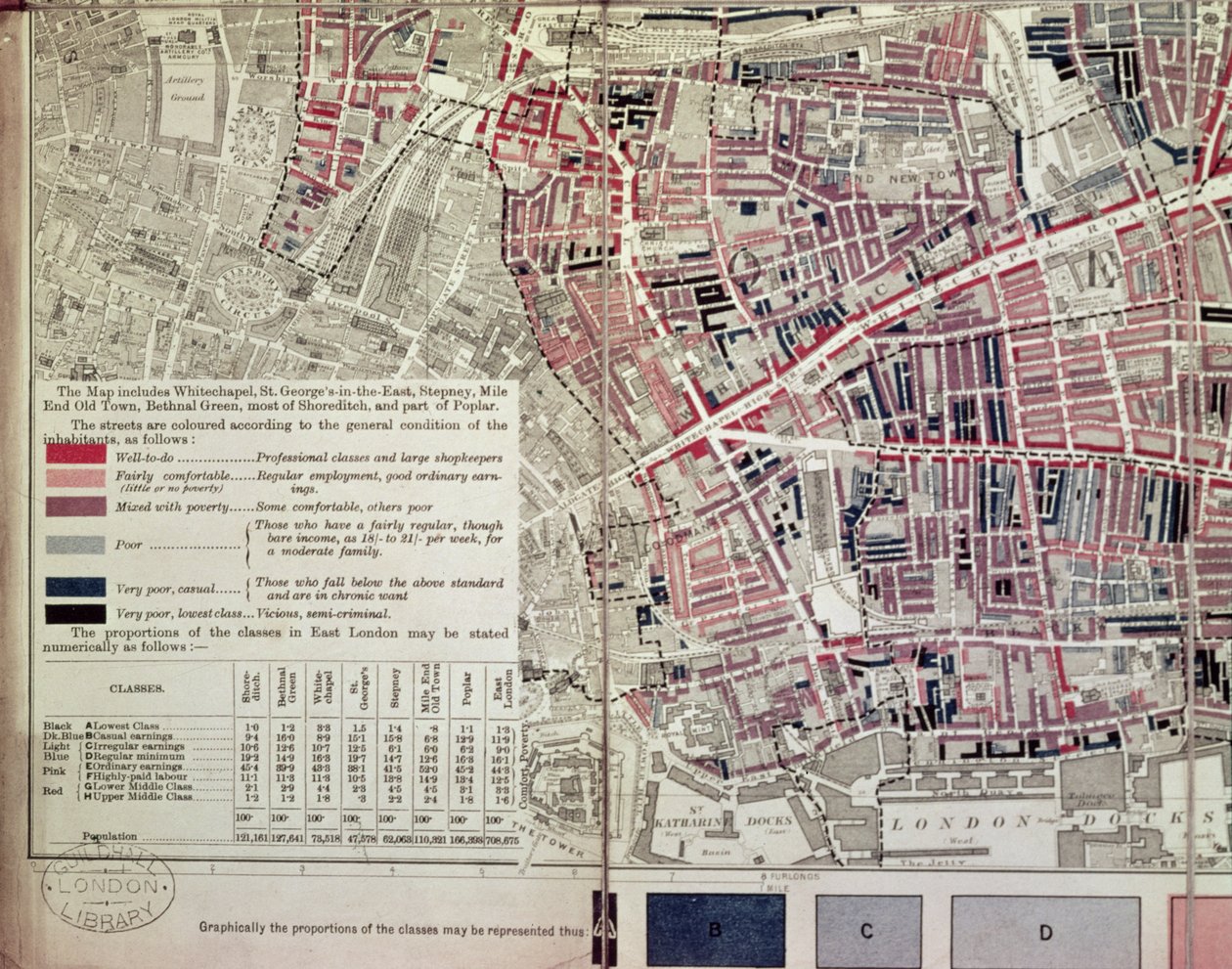 London: Whitechapel section, from a descriptive map of East End Poverty, 1887 by English School