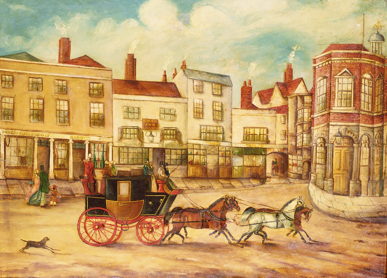 London to Maidstone Stage Coach Passing the Swan Inn and Town Hall by English School