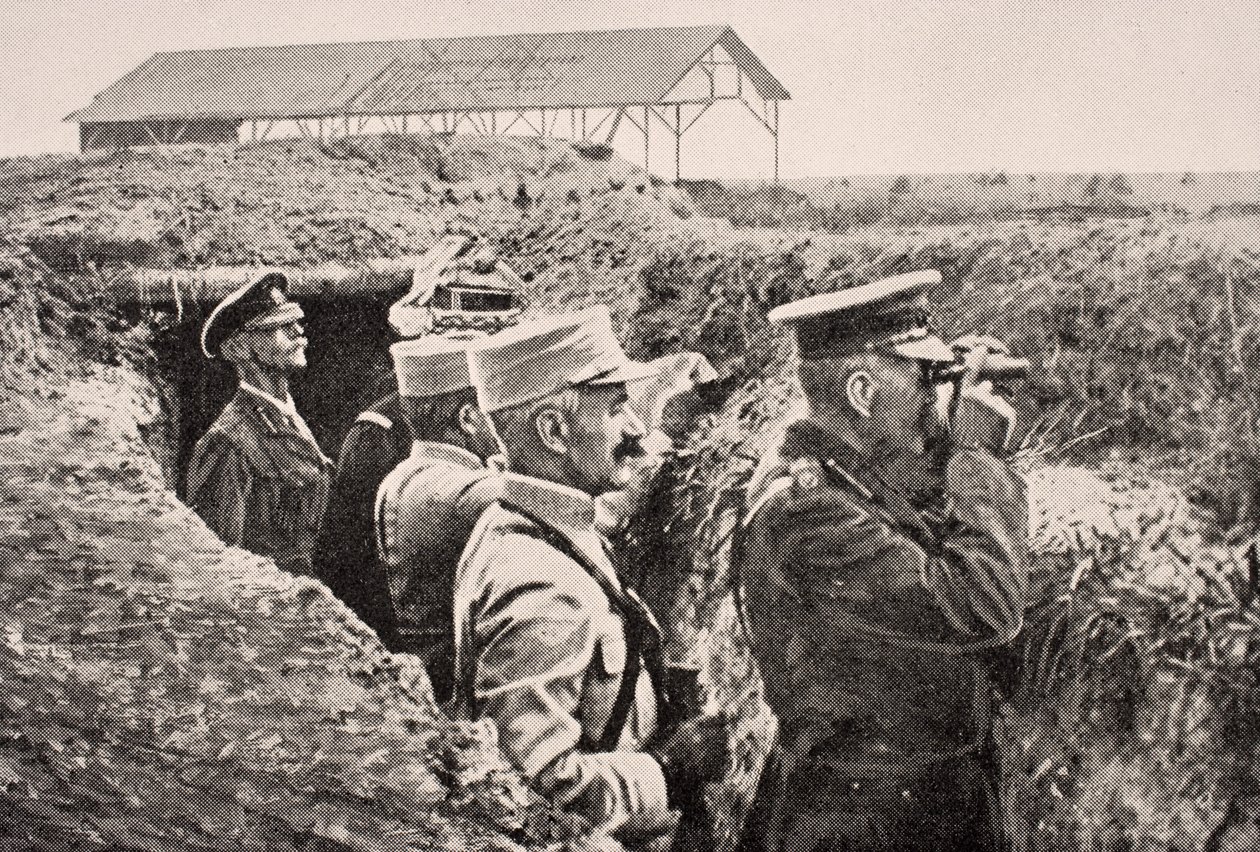 Lord Kitchener with binoculars with General Joffre in trench on Western Front, August 1915, from 