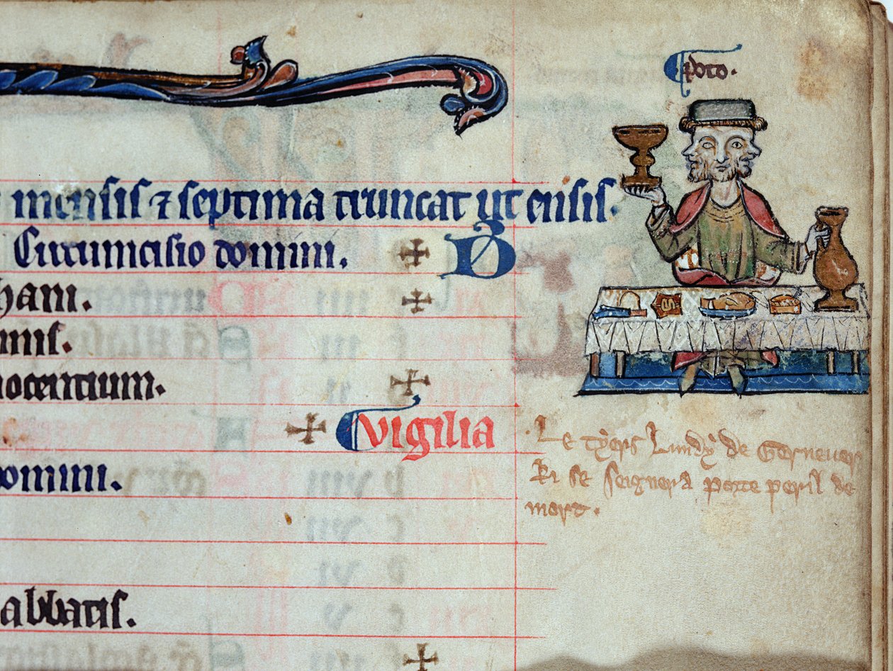 A three-headed man drinking, illustration for January in the calendar of a psalter by English School