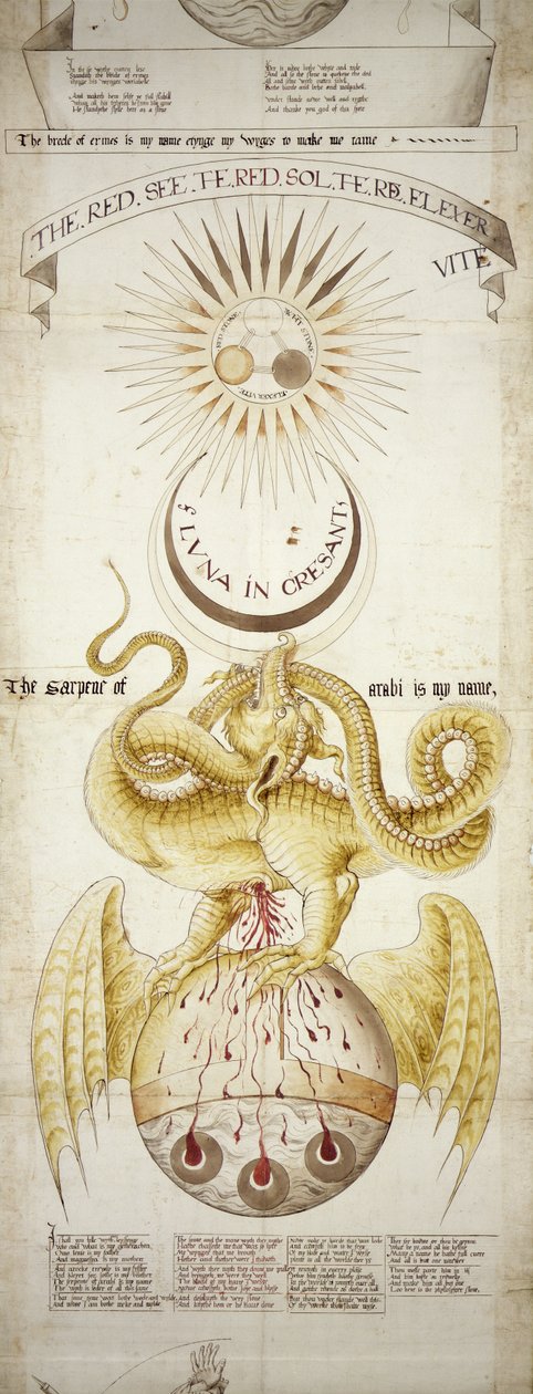 Emblematic diagram of the alchemical processes for the production of the Philosophers Stone, scene 4, from the Ripley Scrolls by English School