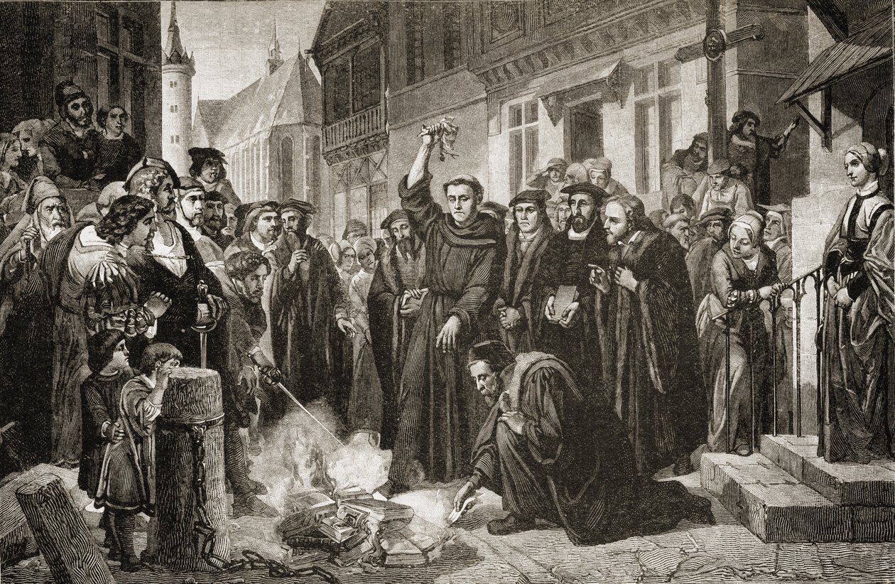 Martin Luther burning the Papal Bull in 1520 by English School