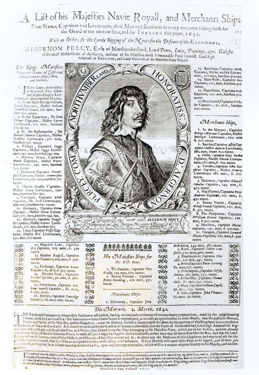 Portrait of Algernon Percy, tenth Earl of Northumberland accompanied by a list of his Majesty