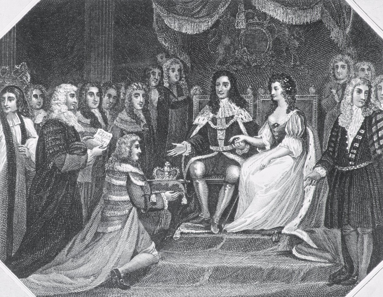 Presentation of the Bill of Rights to William III (1650-1702) of Orange and Mary II (1662-94) by English School