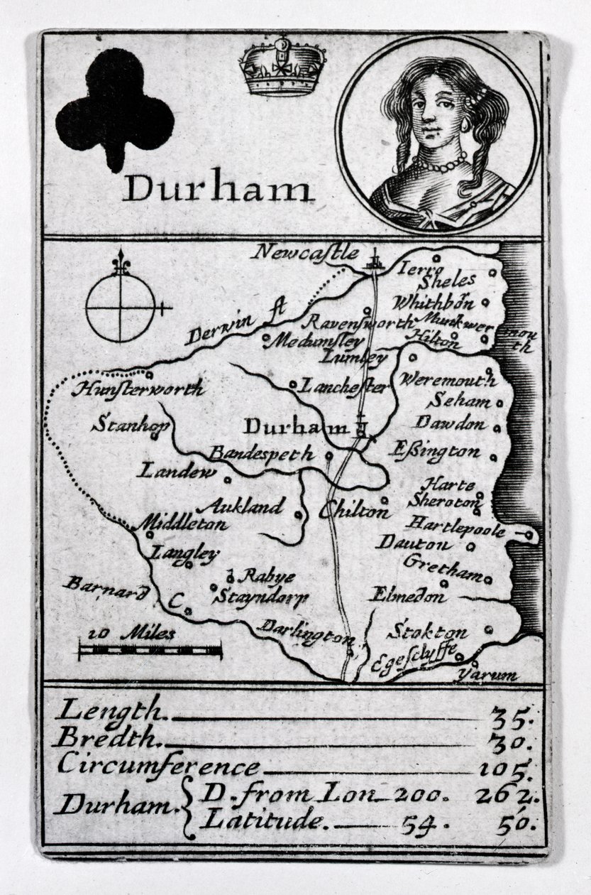 Queen of Clubs and Durham map, c.1675 by English School