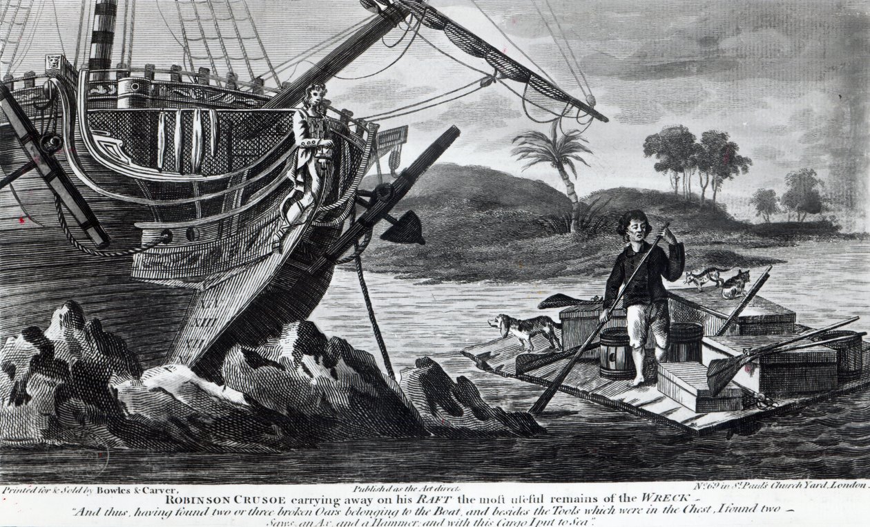 Robinson Crusoe carrying away on his raft the most useful remains of the wreck by English School