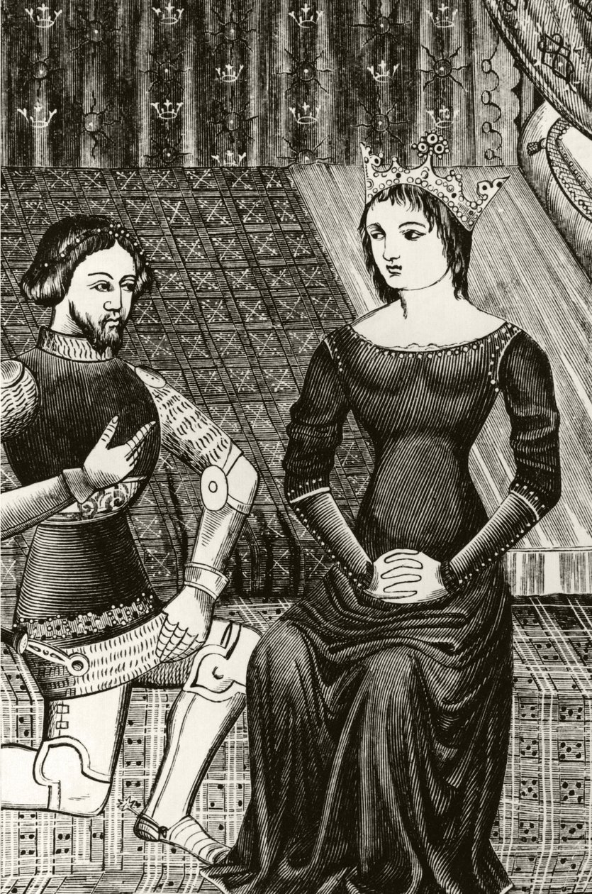 Sir Lancelot kneels in front of Queen Guinevere, engraved after a 12th century miniature by English School