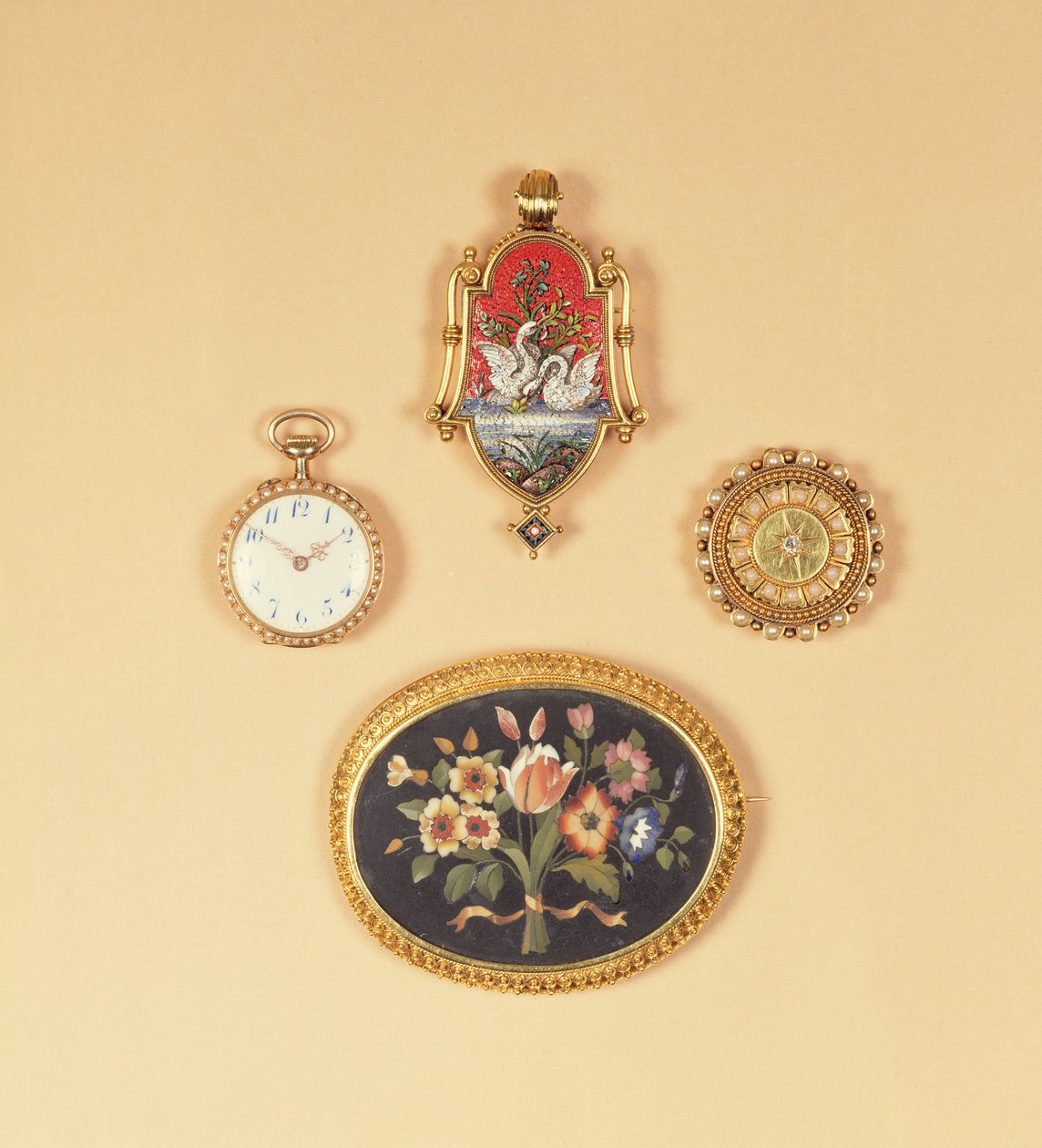 Split Pearl Fob Watch; Victorian Micro-Mosaic Brooch; Victorian Pietra-Dura Brooch by English School