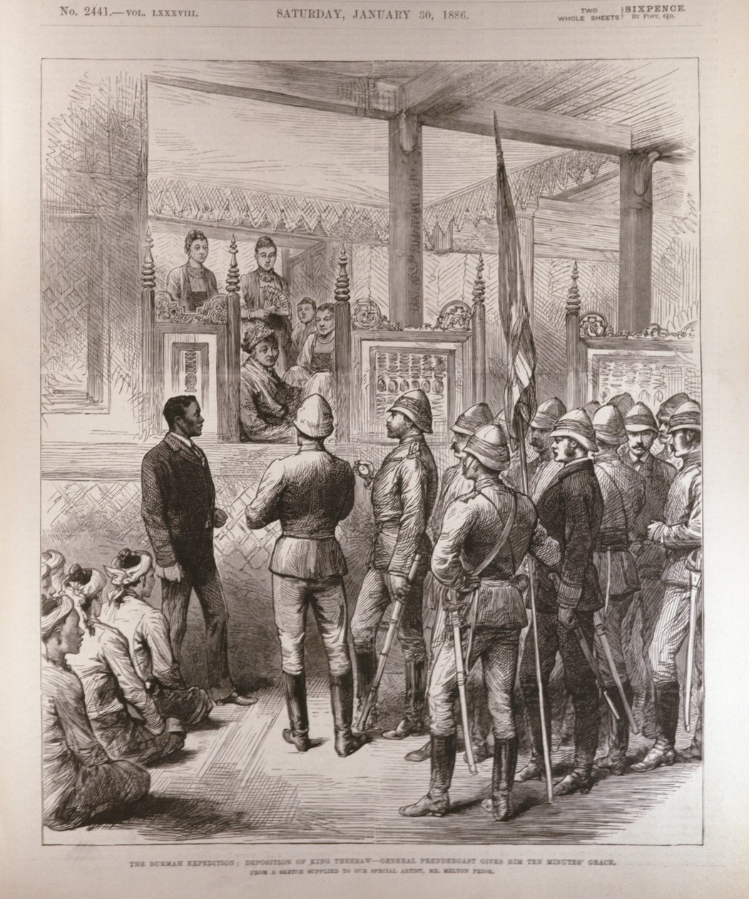 The Burmah Deposition of King Theebaw: General Prendergast Gives Him Ten Minutes Grace, from The Illustrated London News by English School