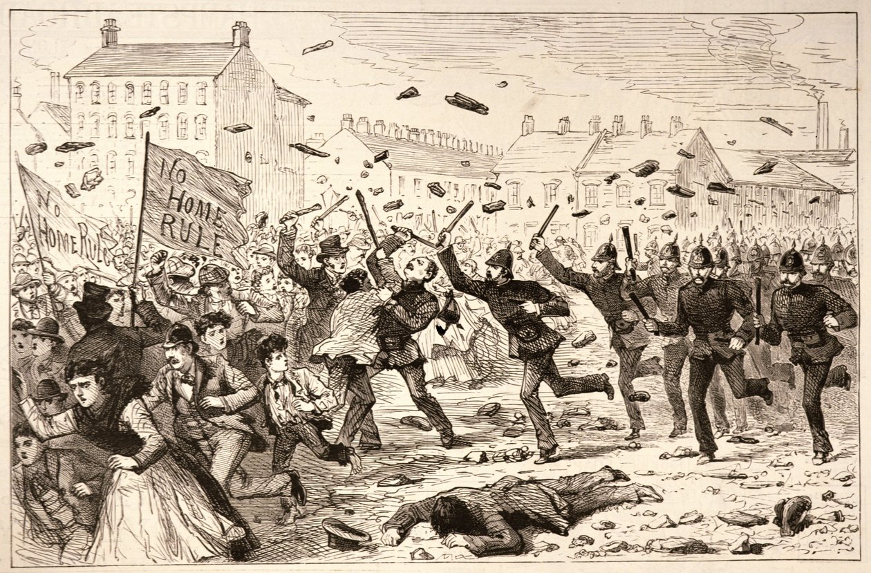 The Riots in Belfast: The Police Charging the Mob in the Brickfields, from 