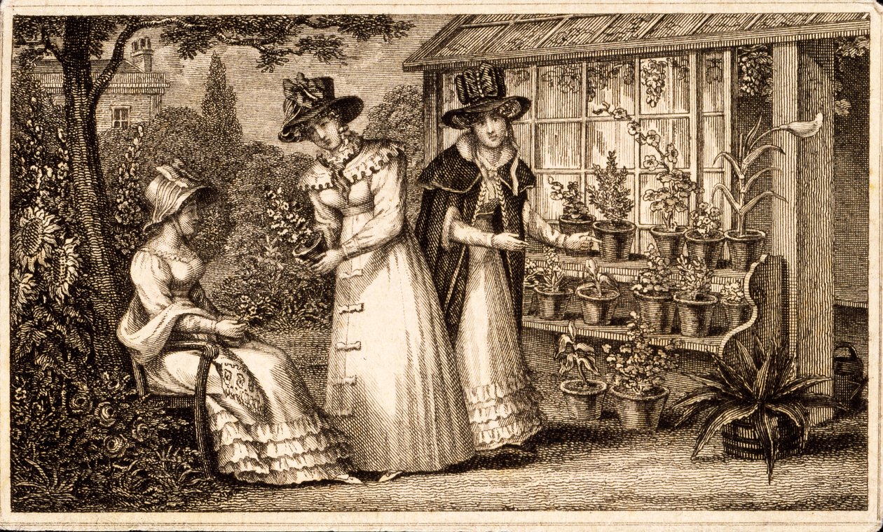 Three Ladies Gardening by The Potting Shed by English School
