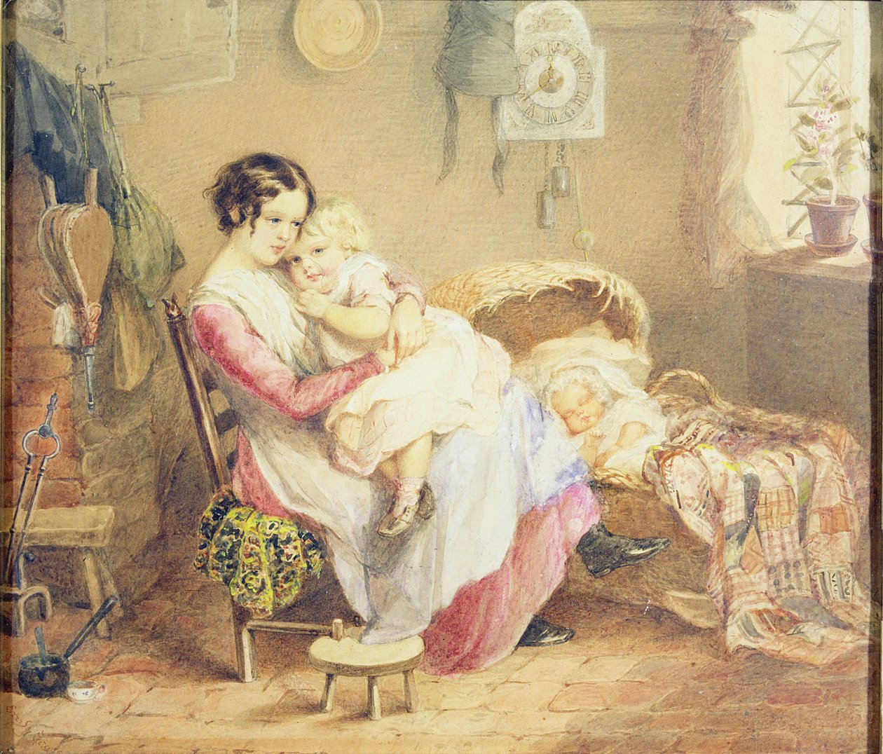 Three children in a rustic interior by English School