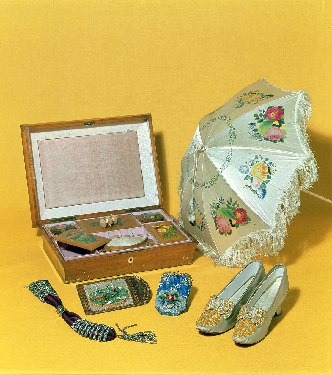 Victorian carriage parasol, bead bag, cardcase and shoes by English School