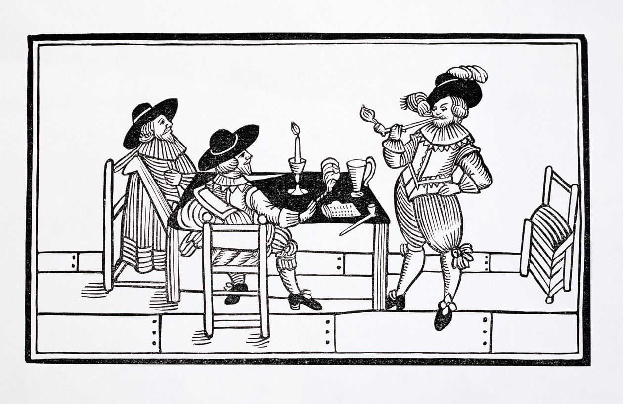 Vintners in a Tudor ale house, from a broadsheet Health to All, 1642 by English School