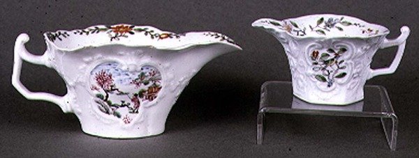 Worcester shaped oval sauce boat and creamer, enamel polychrome decoration, c.1750-55 by English School
