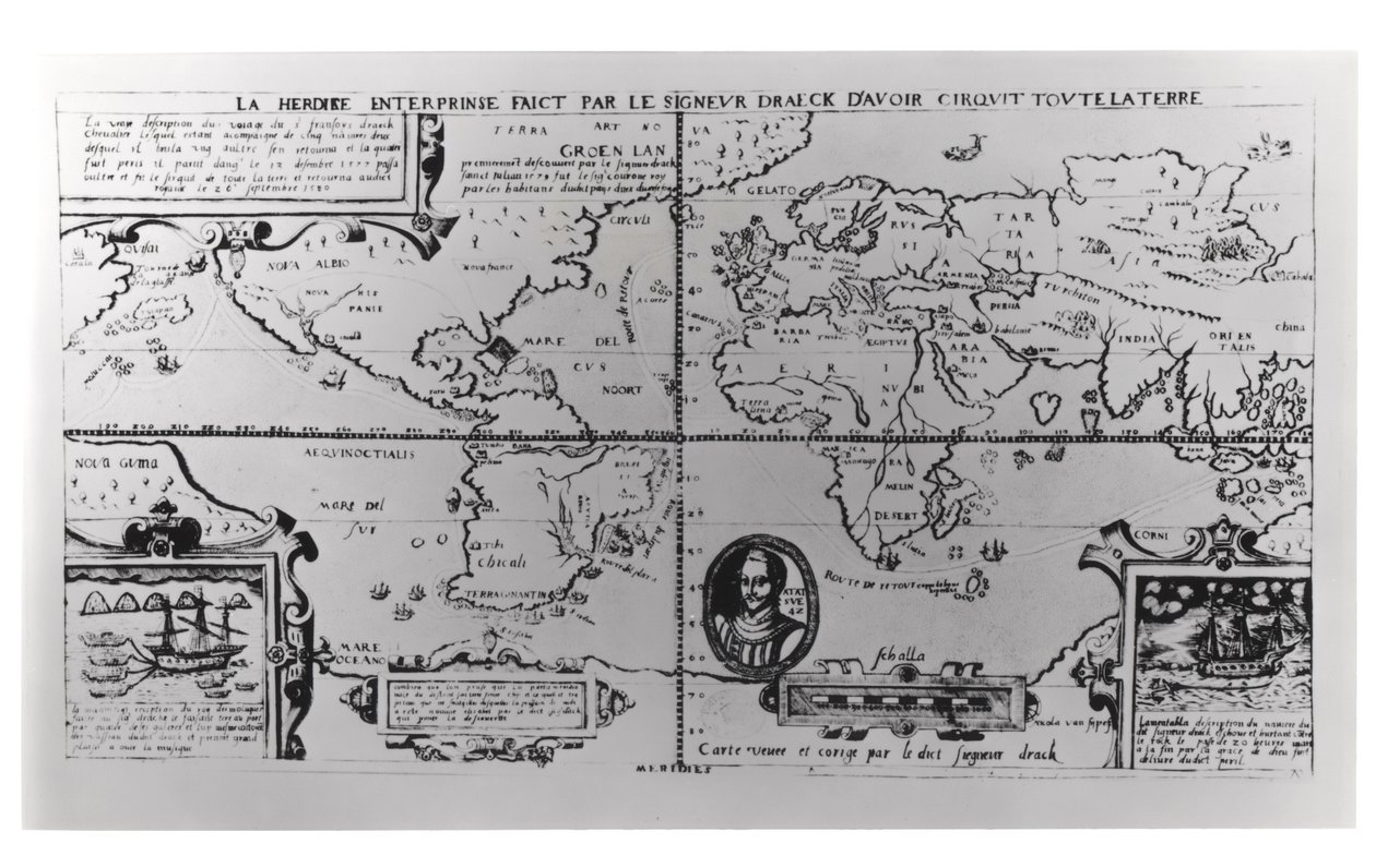 World Map detailing the Expeditions and Global Circumnavigation of Sir Francis Drake (c.1540-96) 1577-2580 by English School