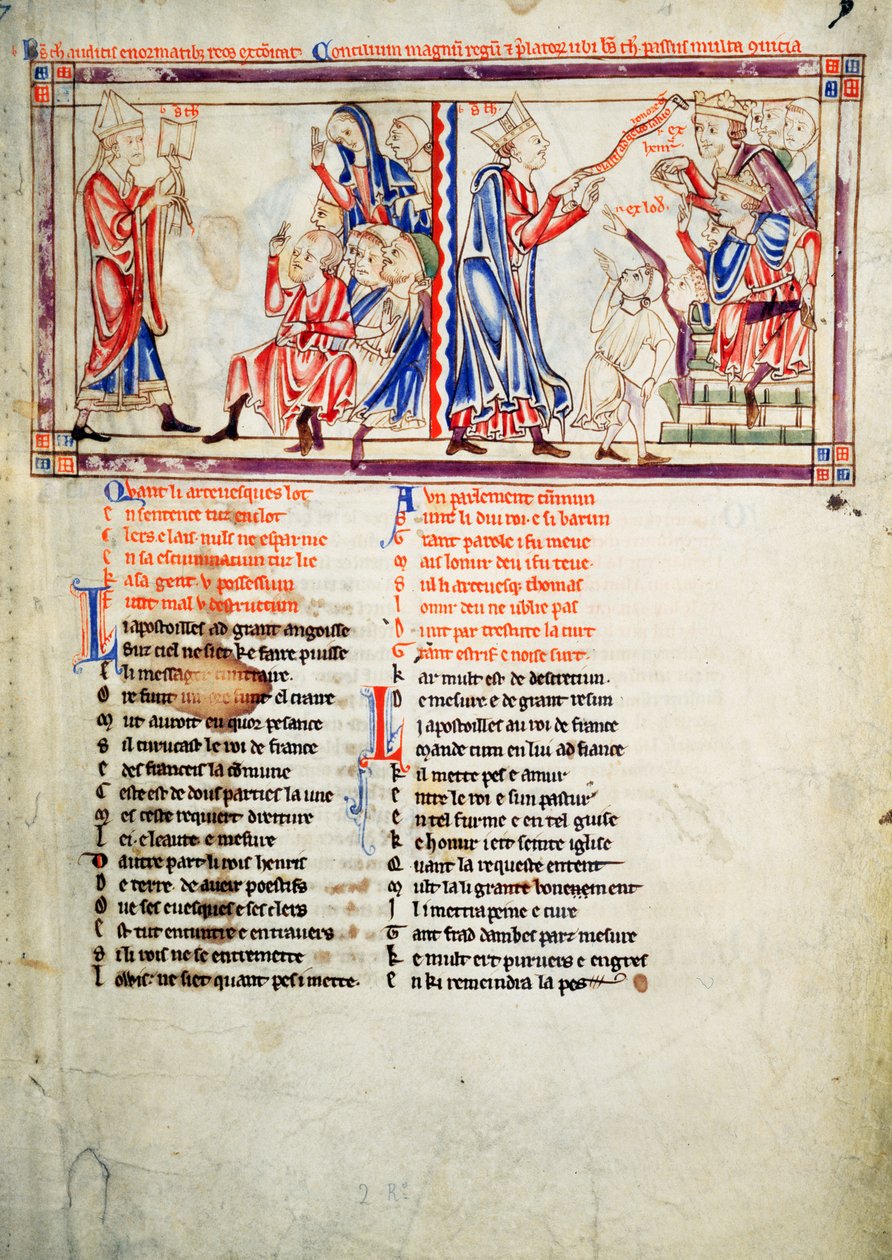 Thomas a Becket pronounces the sentence of excommunication on his enemies and argues his case before King Henry II of England, and King Louis VII of France, from the Becket Leaves, c.1220-40 by English School