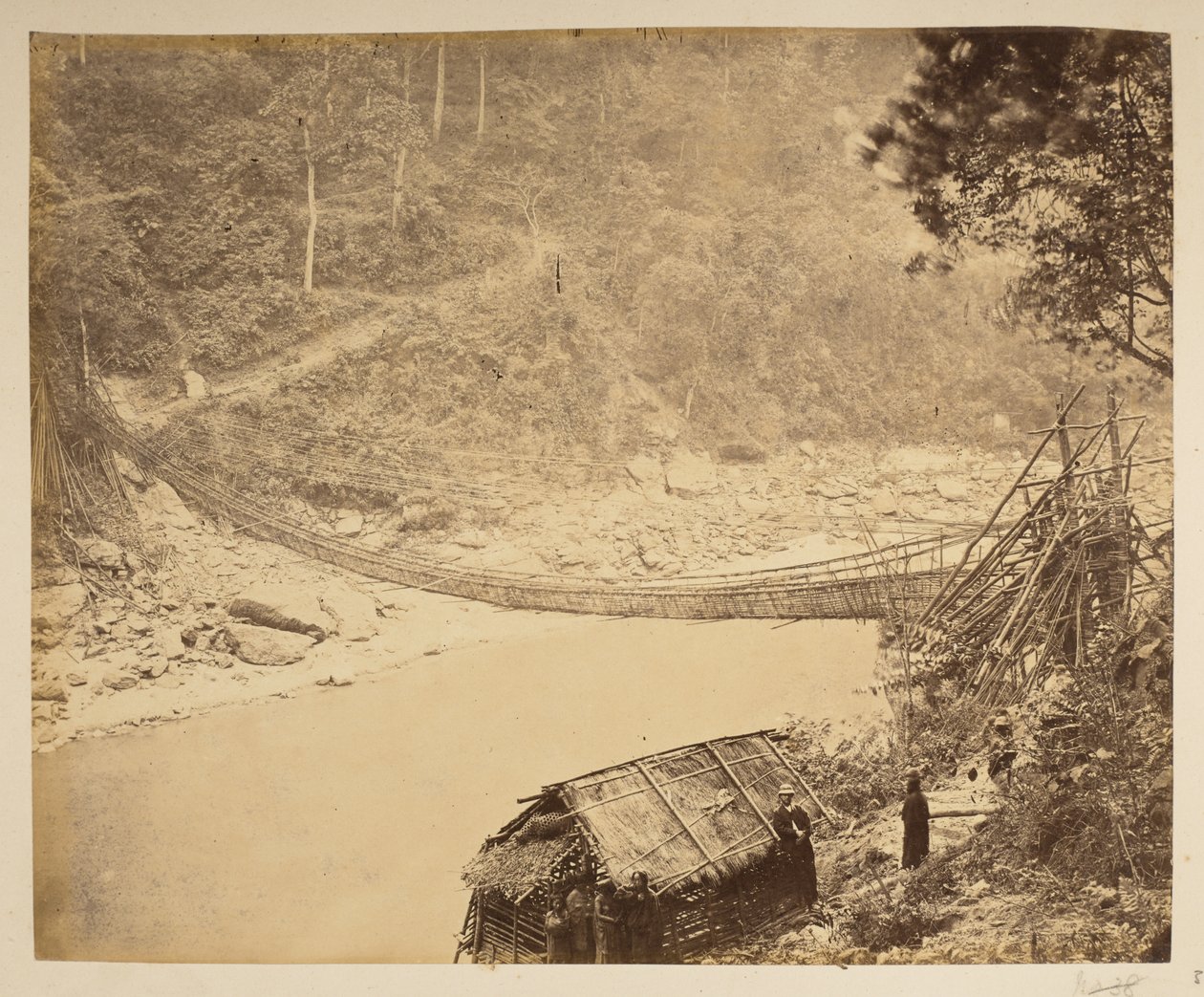 Cane suspension bridge over the Teesta, heading into Bhootan. Views of Darjeeling. 1870