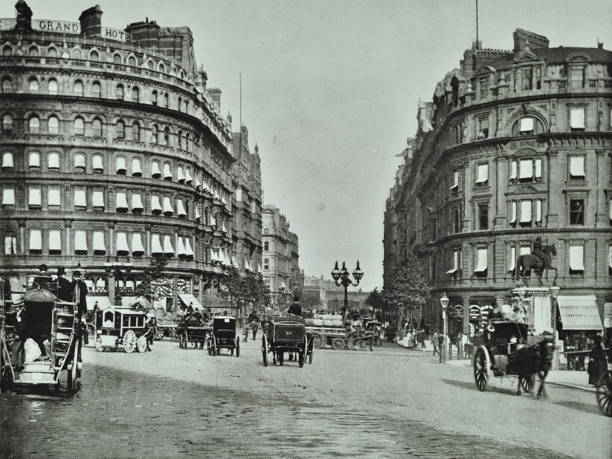 Charing Cross, Westminster: Northumberland Avenue from Trafalgar Square and Charing Cross, 1890 by English Photographer
